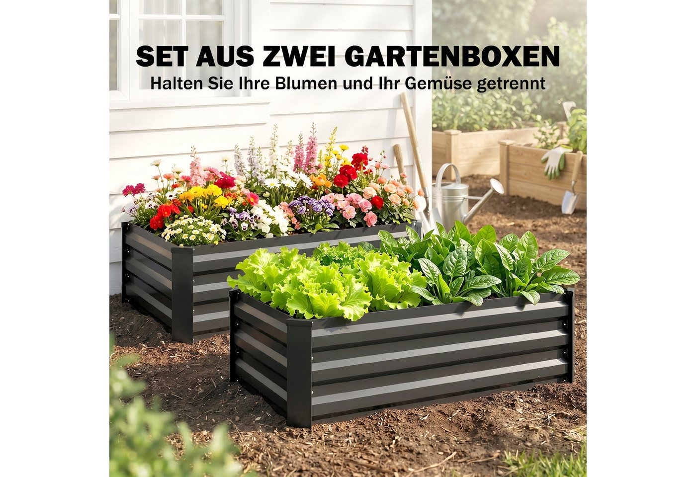 Outsunny Hochbeet 2er-Set, Pflanzkasten, Blumenkasten, rostfrei (Pflanzkübel, 2 St., Blumenkübel), für Terrasse, Balkon, verzinkter Stahl, Dunkelgrau, 100 x 60  – Bild 4 von 5