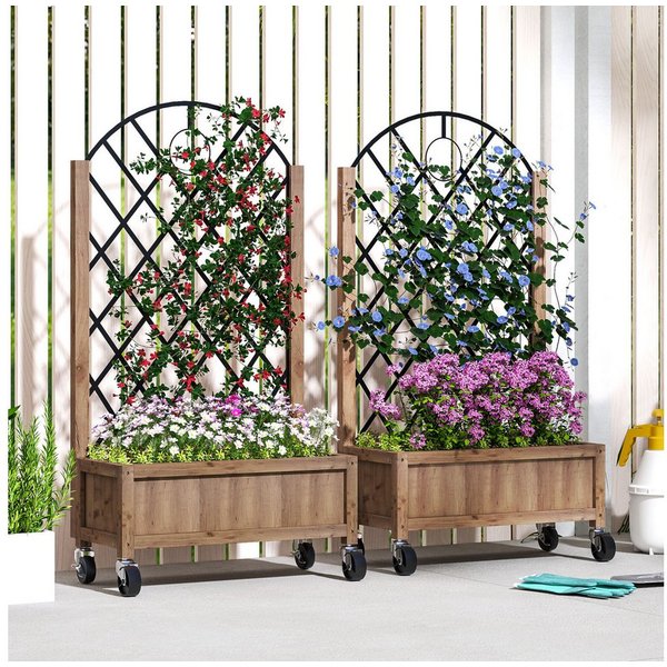 Outsunny Hochbeet 2er Set, mit Rolle, Rankgitter, aus Holz (Pflanzkasten, 2 St., Spalier Pflanzkübel), 52x25x97cm, für Garten, Balkon, für Kletterpflanzen Korbp