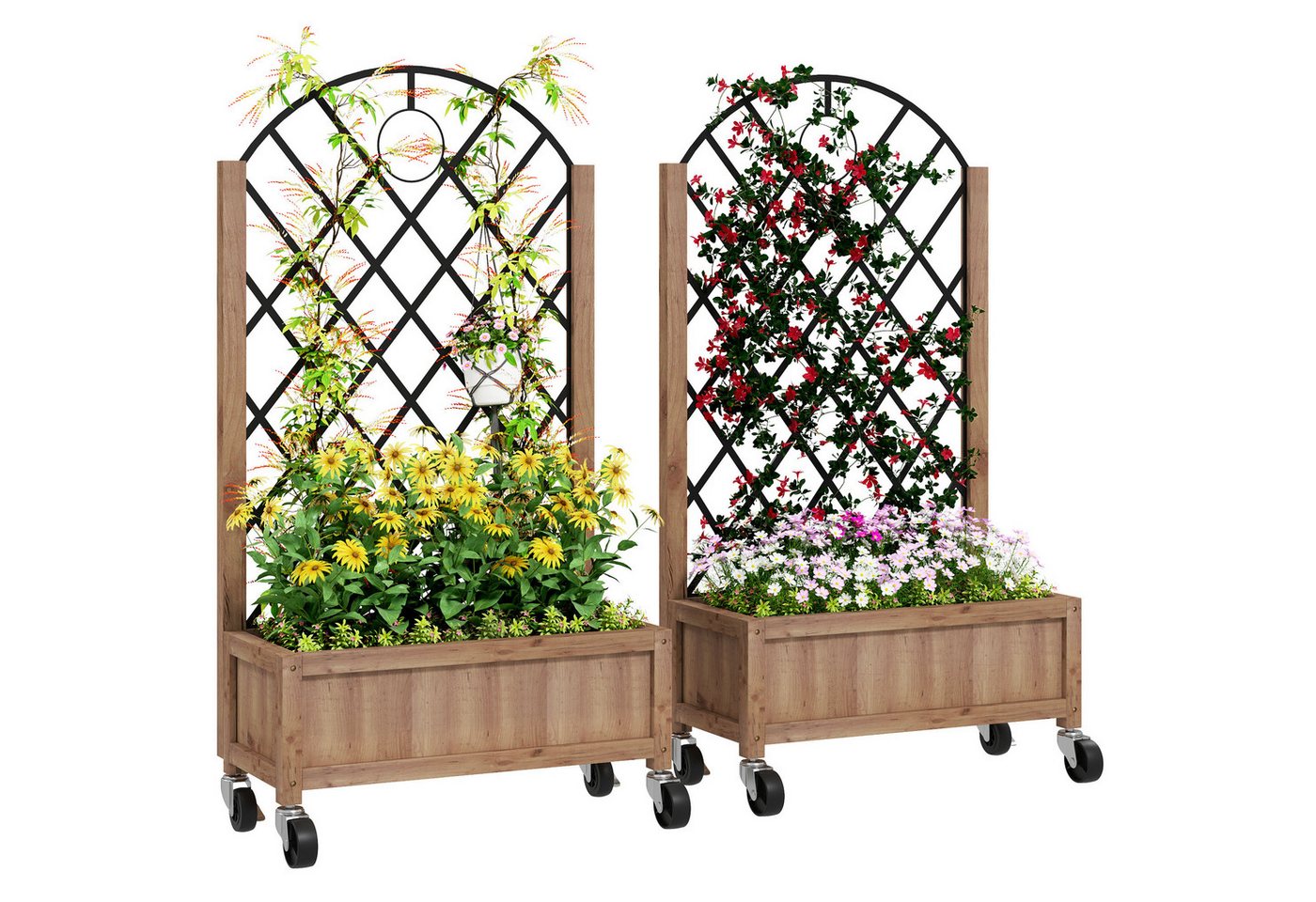Outsunny Hochbeet 2er Set, mit Rolle, Rankgitter, aus Holz (Pflanzkasten, 2 St., Spalier Pflanzkübel), 52x25x97cm, für Garten, Balkon, für Kletterpflanzen Korbp – Bild 2 von 5