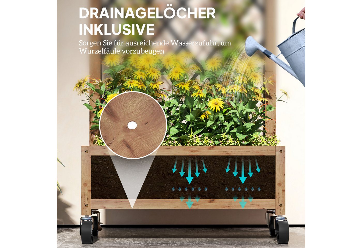 Outsunny Hochbeet 2er Set, mit Rolle, Rankgitter, aus Holz (Pflanzkasten, 2 St., Spalier Pflanzkübel), 52x25x97cm, für Garten, Balkon, für Kletterpflanzen Korbp – Bild 5 von 5