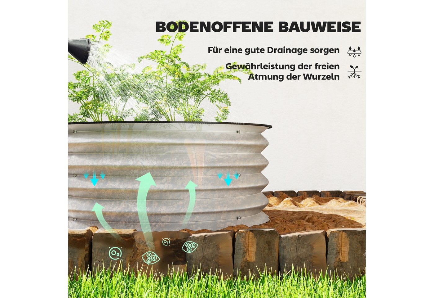 Outsunny Hochbeet aus Metall, 2er Set Blumenkasten, Kräuterbeet, 60 x 60 x 30 cm (Pflanzenbeet, 2 St., Gartenbeet), für Garten, Balkon, Silber – Bild 5 von 5