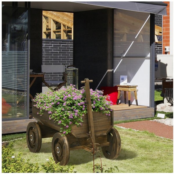 Outsunny Hochbeet Holzwagen-Design,Pflanzenständer,bis 50kg belastbar,127x53x58cm (Pflanzkasten, 1 St., Blumenwagen), für Garten, Balkon, Verkohlt