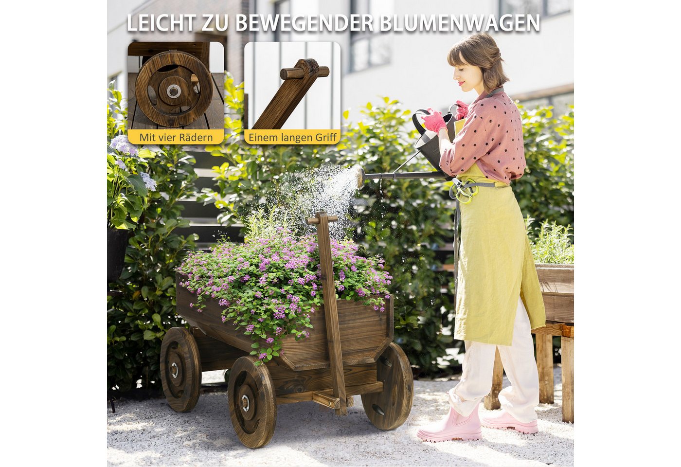 Outsunny Hochbeet Holzwagen-Design,Pflanzenständer,bis 50kg belastbar,127x53x58cm (Pflanzkasten, 1 St., Blumenwagen), für Garten, Balkon, Verkohlt – Bild 4 von 5