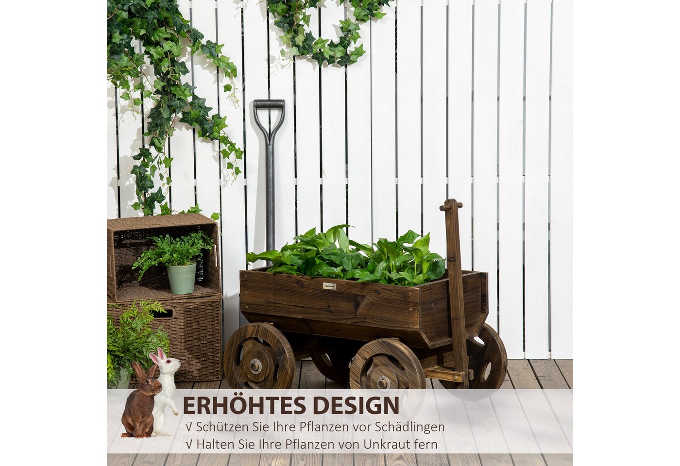 Outsunny Hochbeet Holzwagen-Design,Pflanzenständer,bis 50kg belastbar,127x53x58cm (Pflanzkasten, 1 St., Blumenwagen), für Garten, Balkon, Verkohlt – Bild 5 von 5