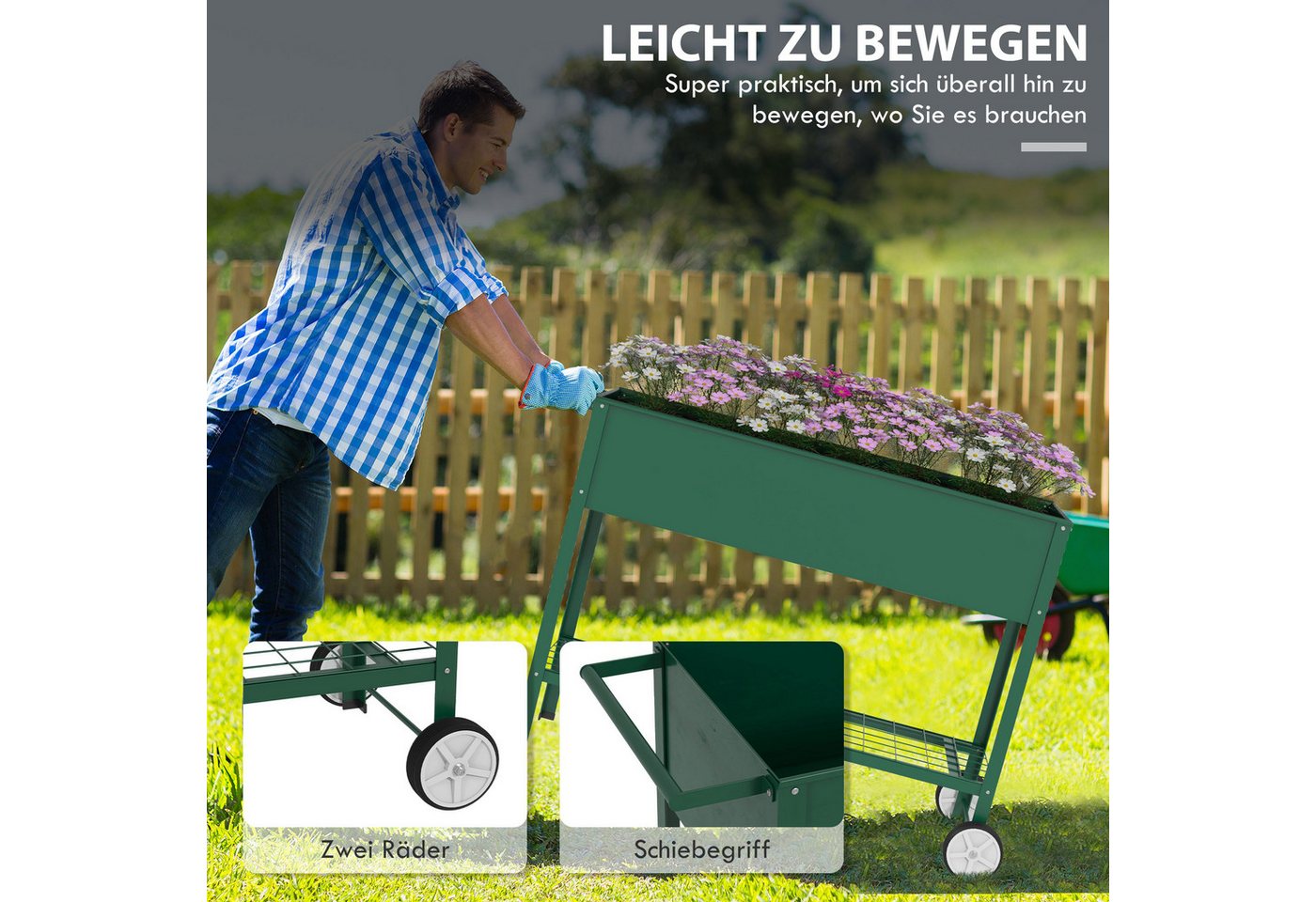 Outsunny Hochbeet mit Rädern, Regal, Kräuterbeet, Metall (Pflanzkasten, 1 St., Blumenkasten), für Garten, Balkon Grün 109 x 44 x 80 cm – Bild 4 von 5