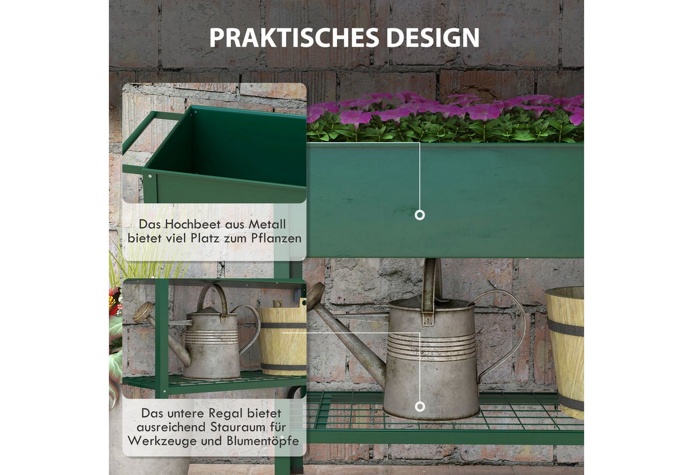 Outsunny Hochbeet mit Rädern, Regal, Kräuterbeet, Metall (Pflanzkasten, 1 St., Blumenkasten), für Garten, Balkon Grün 109 x 44 x 80 cm – Bild 5 von 5