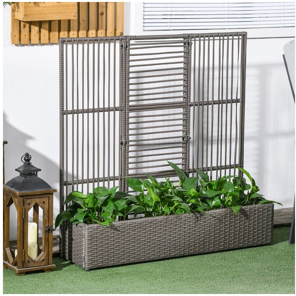 Outsunny Hochbeet Hochbeet mit Rankgitter in Rattan-Optik Blumenbeet für Balkon (Blumenkasten, 1 St., Pflanzkasten), für Garten, Balkon, 103 x 29 x 103 cm Grau