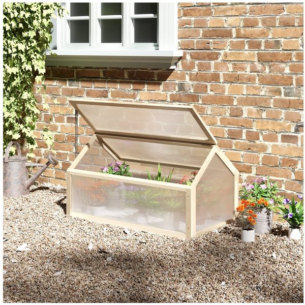 Outsunny Hochbeet Treibhaus mit Abdeckung, lichtdurchlässig Frühbeetkasten, Balkon (Frühbeet Holz, 1 St., Mini Gewächshaus), winterfest, für Garten, Naturholz