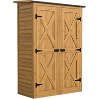 Outsunny Holz-Aufbewahrungsschrank, Gartenschrank mit 2 Regalen, Doppeltüren und Verschlüssen, Werkzeugschrank mit geneigtem Dach für Terrasse, Garten, Garage, 