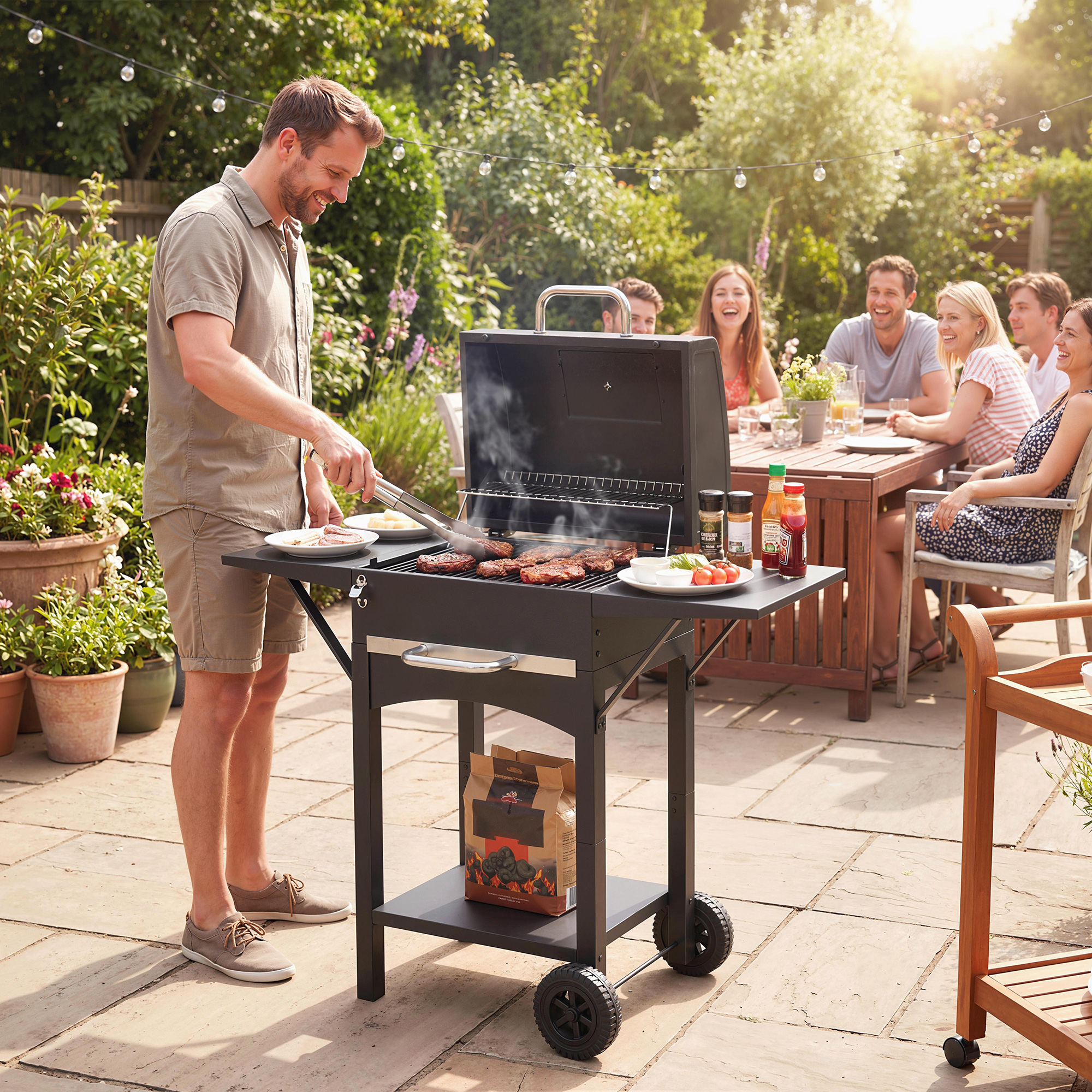 Outsunny Holzkohlegrill mit Deckel, BBQ Smoker Grill mit 2 Seitentischen Große Grillfläche Grillrost Thermometer Räder, Grillwagen Standgrill Kohlegrillwagen 11 – Bild 2 von 2