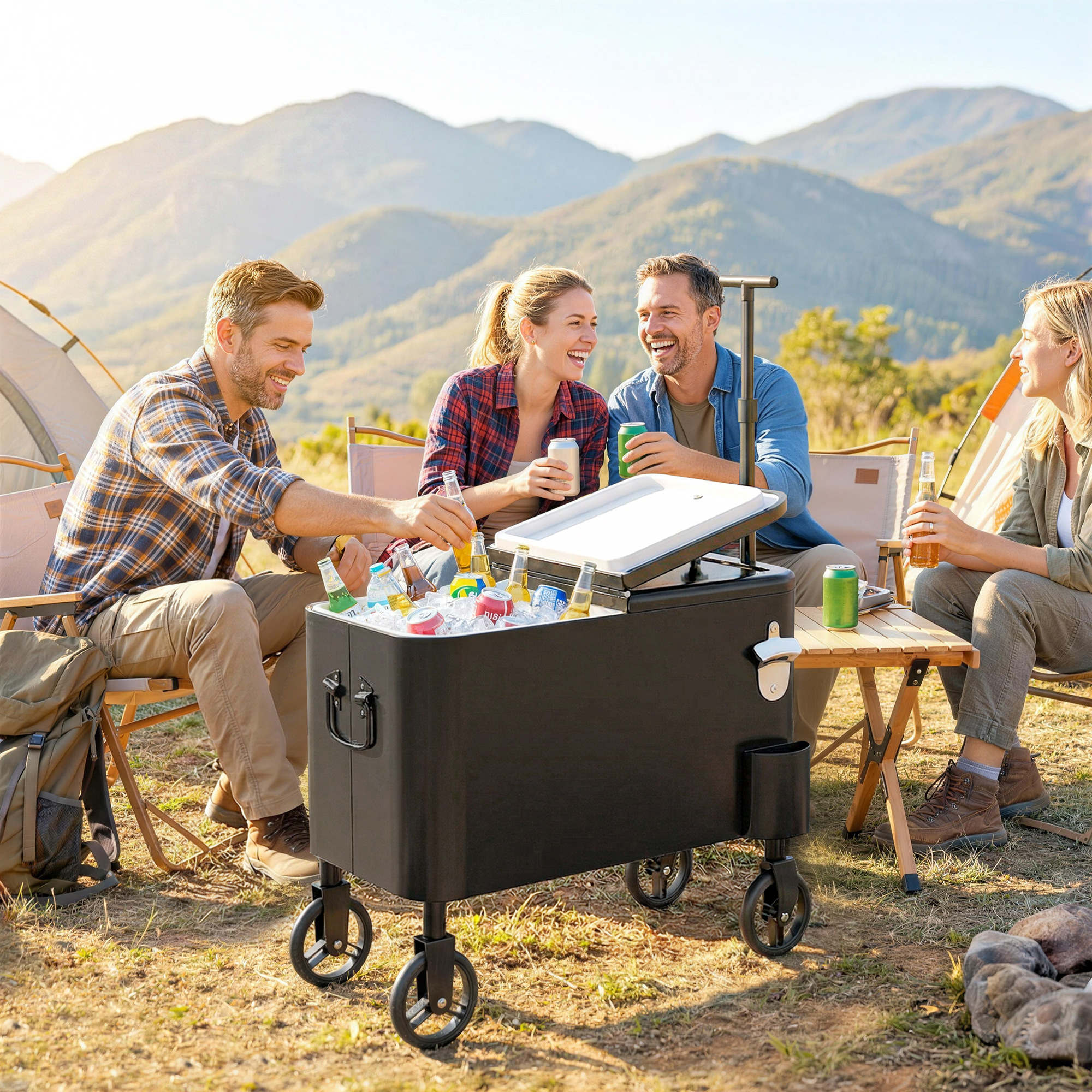 Outsunny Kühlwagen 56 L mit Rollen, Getränkewagen mit höhenverstellbarem Griff, Flaschenöffner, Kronkorkensammler, Ablauf und Griff, Kühltisch für Garten, Terra – Bild 2 von 2