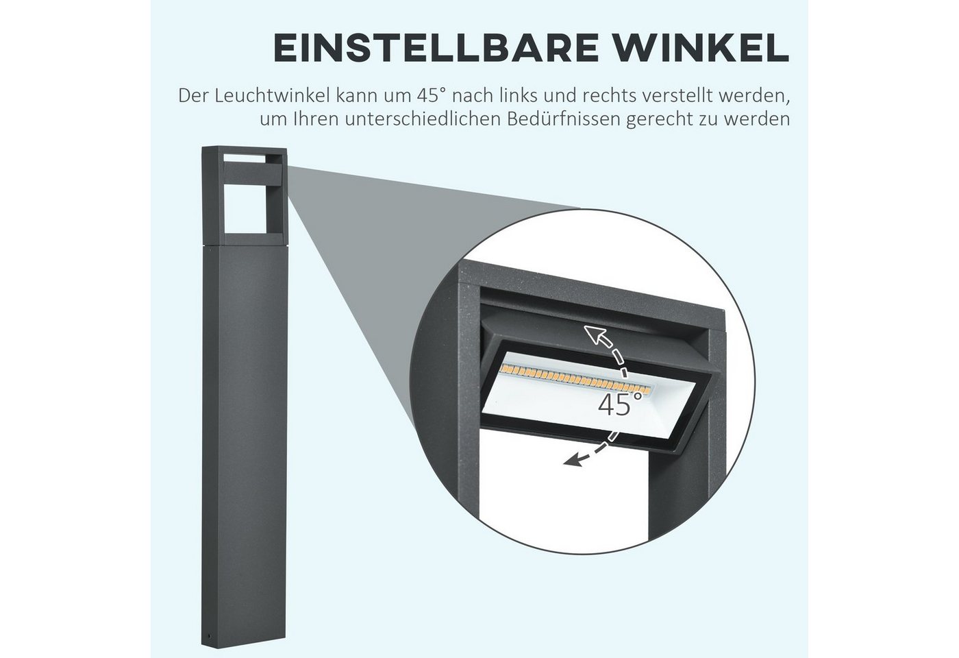 Outsunny LED Gartenleuchte Wegleuchte, Pfostenlicht mit LEDs, wetterbeständig, Dunkelgrau, Vertsellbares Neigungswinkel, LED, Warmweiß, Pollerleuchte mit Verste – Bild 5 von 5
