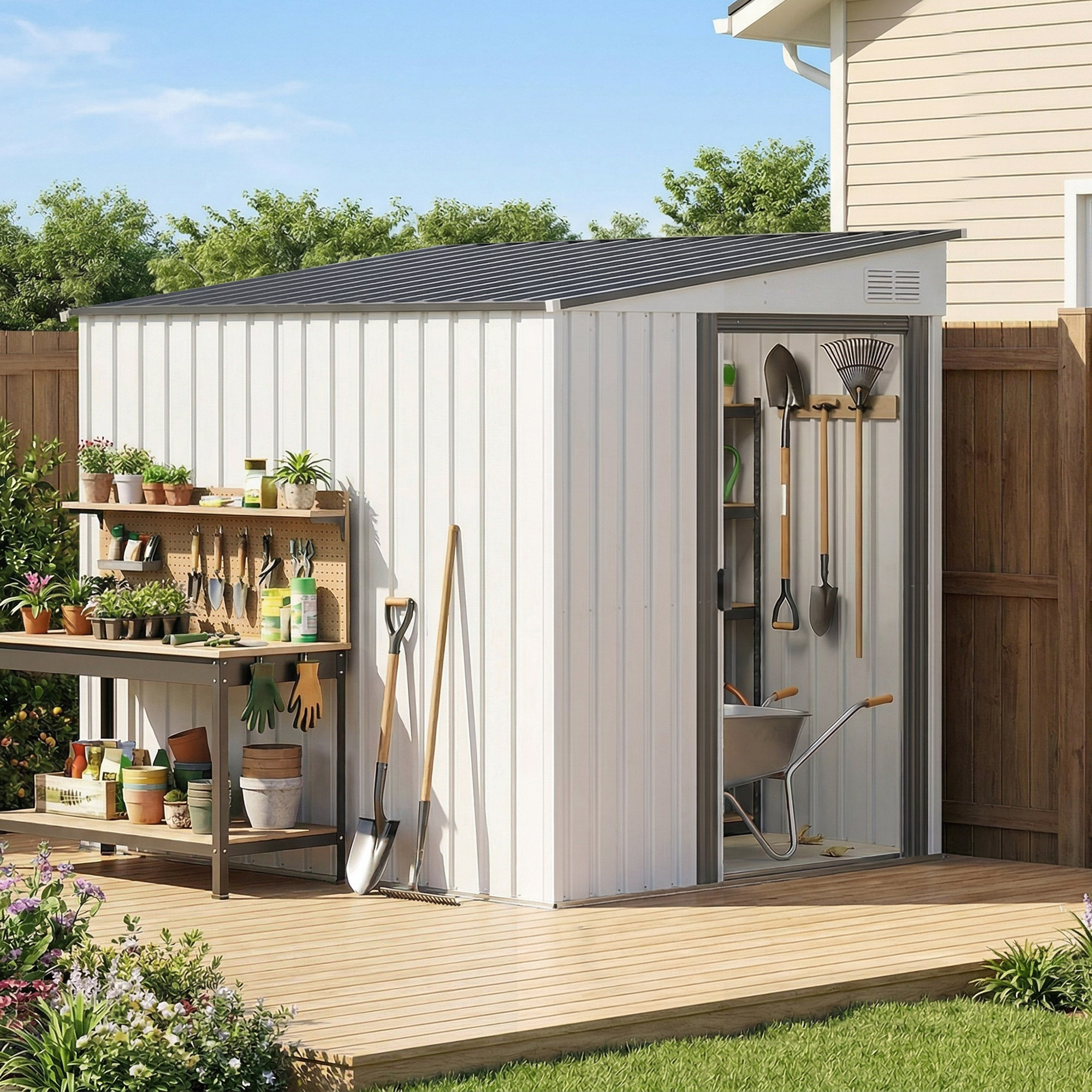 Outsunny Metall Gerätehaus 2,81m² 154x206,5x181 cm Geräteschuppen mit Pultdach Fundament Schiebetür wetterfest Gartenhaus Outdoor Garten Schuppen Schrank für Hi – Bild 2 von 2