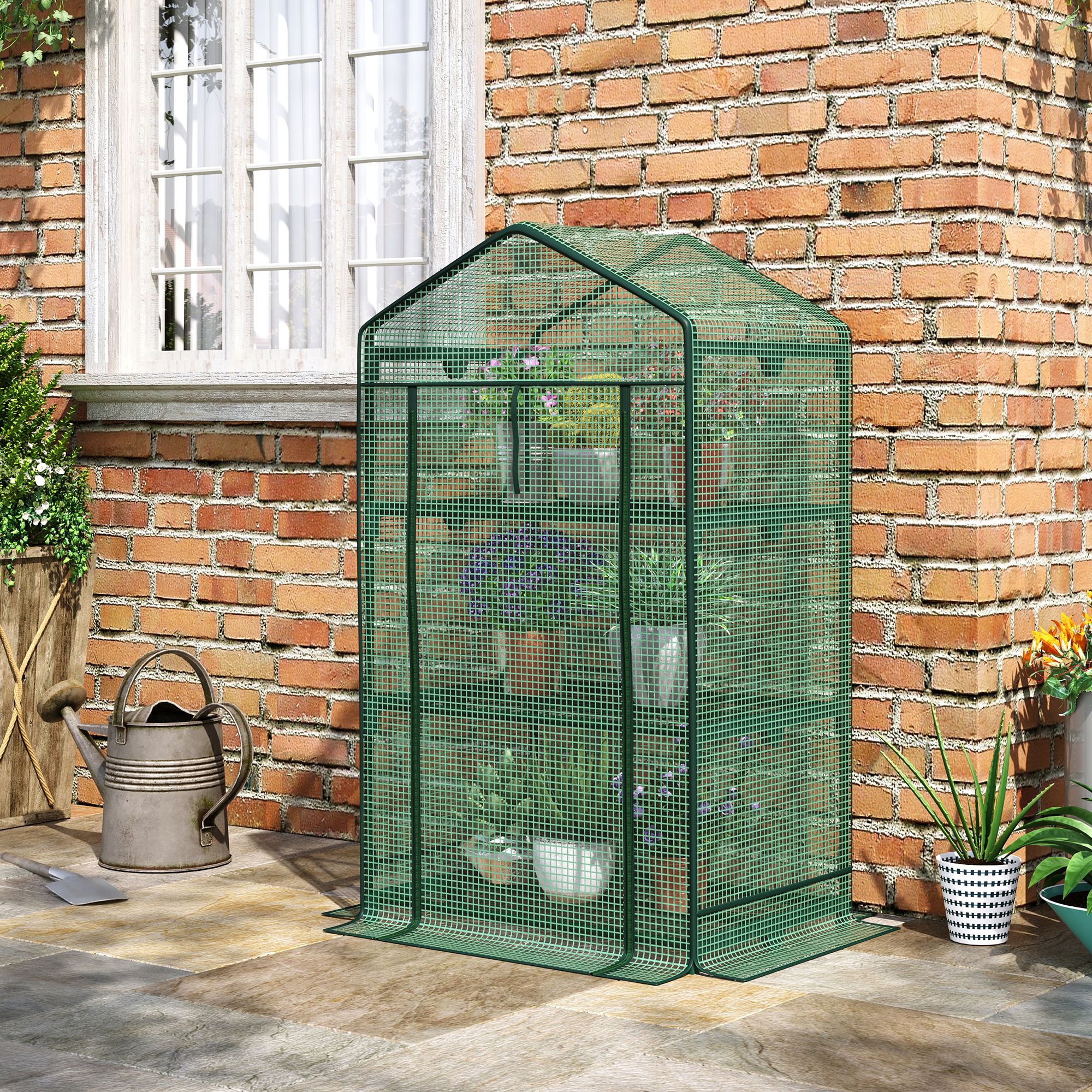 Outsunny Mini-Gewächshaus Anzuchtgewächshaus mit Folienabdeckung und 3 Regalböden, Rolltür, Gemüsebeet in Grün 69 x 49 x 125 cm für Gartenliebhaber Aosom.de – Bild 2 von 2