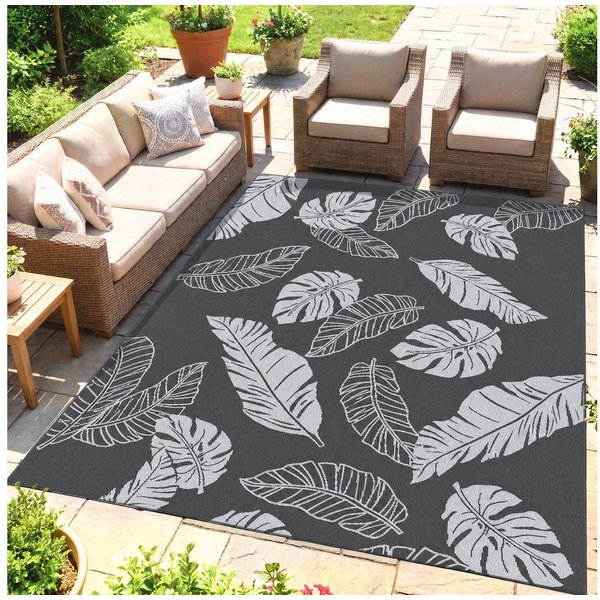 Outsunny Outdoorteppich Campingteppich, doppelseitig, wetterfester Kunststoffteppich, Rechteckig, Höhe: 0.3 mm, für Balkon, Terrasse, Grau+Weiß, 182 x 274 cm