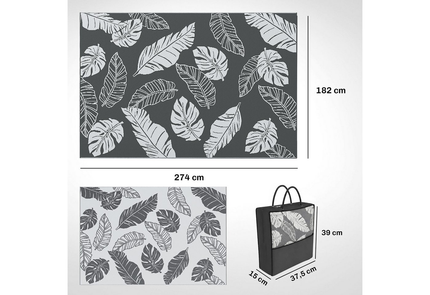 Outsunny Outdoorteppich Campingteppich, doppelseitig, wetterfester Kunststoffteppich, Rechteckig, Höhe: 0.3 mm, für Balkon, Terrasse, Grau+Weiß, 182 x 274 cm – Bild 3 von 5