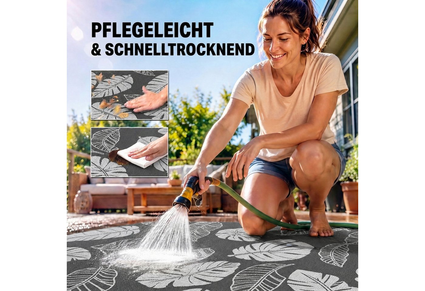 Outsunny Outdoorteppich Campingteppich, doppelseitig, wetterfester Kunststoffteppich, Rechteckig, Höhe: 0.3 mm, für Balkon, Terrasse, Grau+Weiß, 182 x 274 cm – Bild 4 von 5