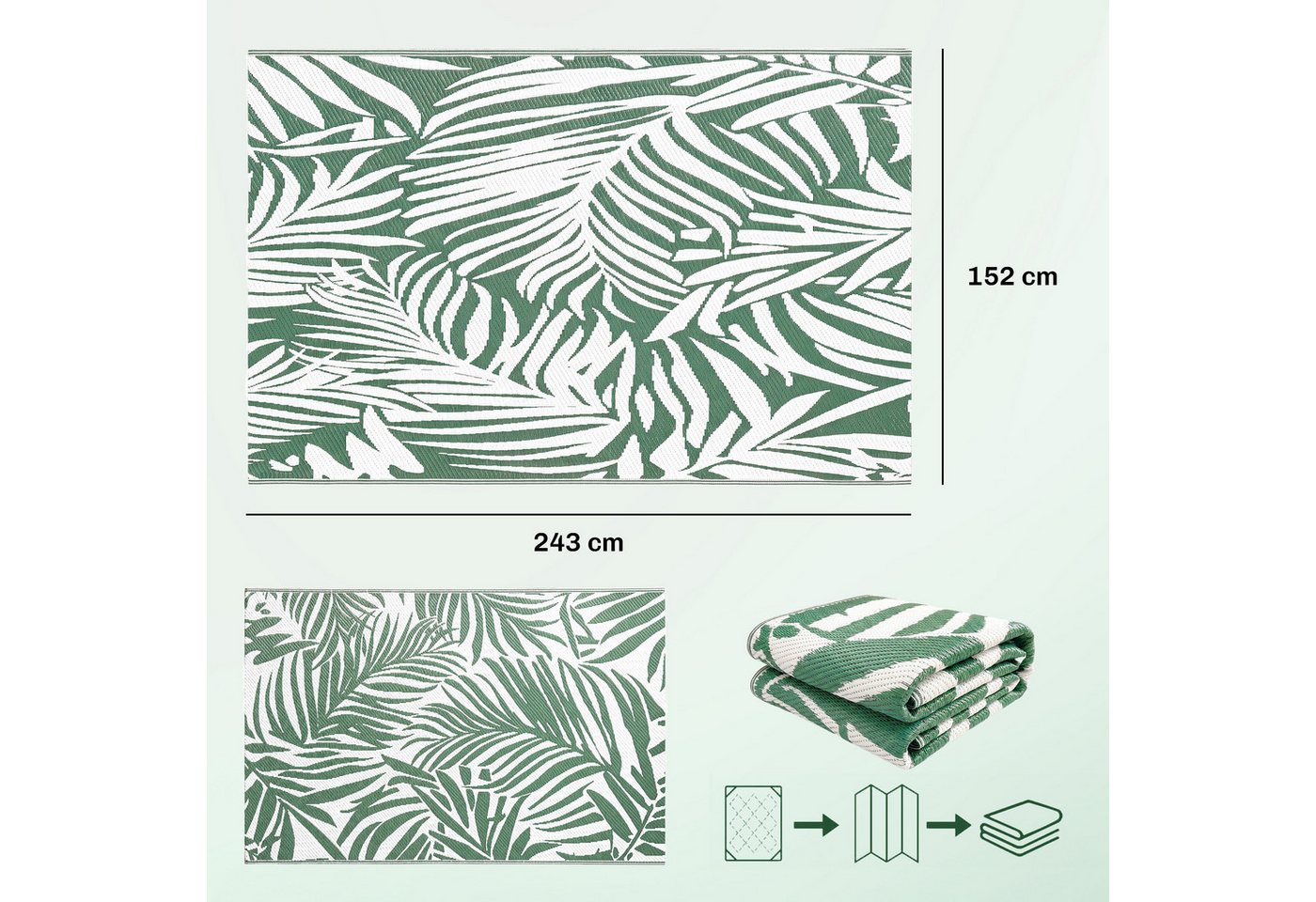 Outsunny Outdoorteppich Outdoor Teppich, wendbares wetterfest Carpet mit Blätter-Muster, rechteckig, Höhe: 1 mm, 152 x 243 cm Dunkelgrün – Bild 3 von 5