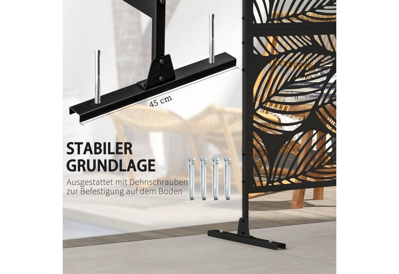Outsunny Paravent Gartensichtschutz, Trennwand 3-teilig mit Blättermuster (Raumtrenner, 1 St., Raumteiler), für Garten, Terrasse, Stahl, Schwarz – Bild 5 von 5