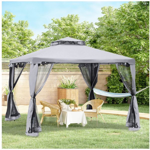 Outsunny Pavillon Gartenpavillon Wasserdicht Stabil, Garten-Pavillon Metall Hellgrau, mit 4 Seitenteilen, (Gartenzelt, Gartenpavillon), für Garten, Balkon, Hell