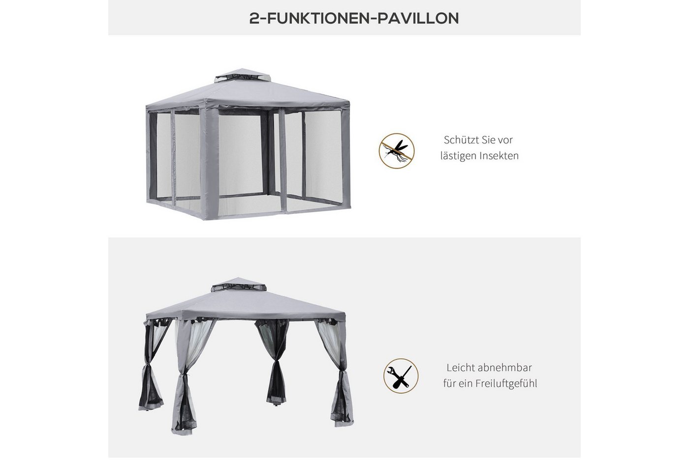 Outsunny Pavillon Gartenpavillon Wasserdicht Stabil, Garten-Pavillon Metall Hellgrau, mit 4 Seitenteilen, (Gartenzelt, Gartenpavillon), für Garten, Balkon, Hell – Bild 4 von 5