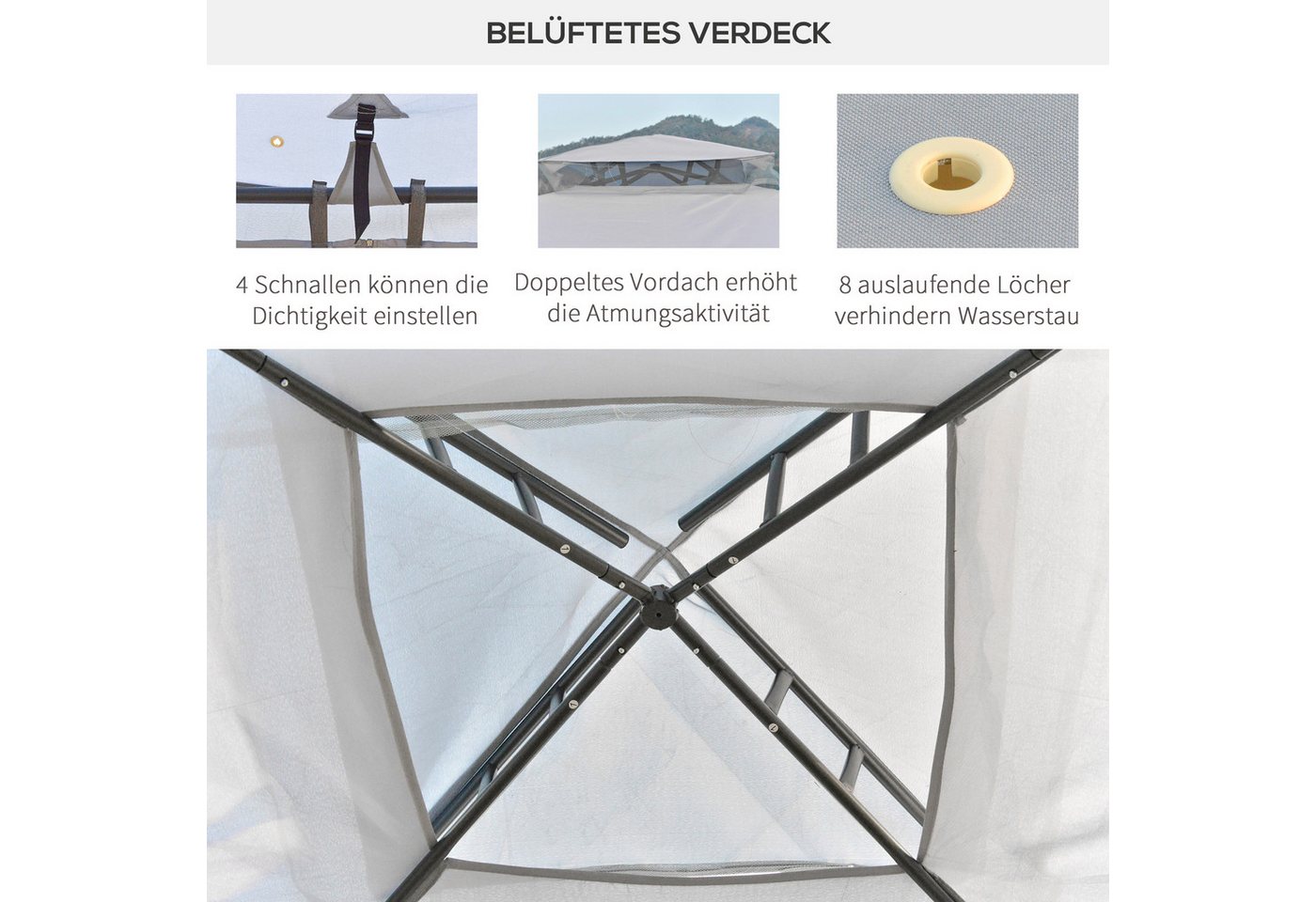 Outsunny Pavillon Gartenpavillon Wasserdicht Stabil, Garten-Pavillon Metall Hellgrau, mit 4 Seitenteilen, (Gartenzelt, Gartenpavillon), für Garten, Balkon, Hell – Bild 5 von 5
