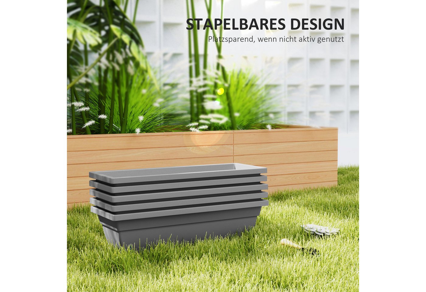Outsunny Pflanzkübel Kunststoff, stapelbar, wetterfest Übertopf (Blumentöpfe Set, 5 St., Blumentopf), für innen und außen, 59 x 21 x 16 cm, Grau – Bild 5 von 5
