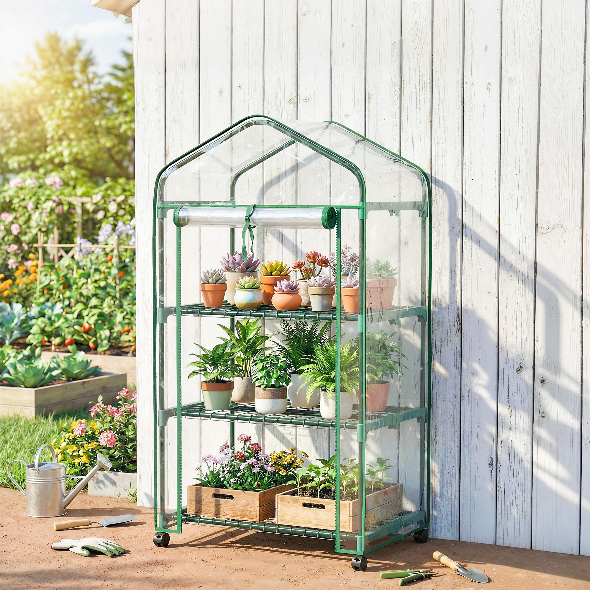 Outsunny PVC-Gewächshaus mit 3 Ablagen, Balkongewächshaus, PVC-Plane, Stahlgestell, aufrollbare Reißverschlusstür, für Gemüse, Pflanzen, Blumen, 69x49x130cm, tr – Bild 2 von 2