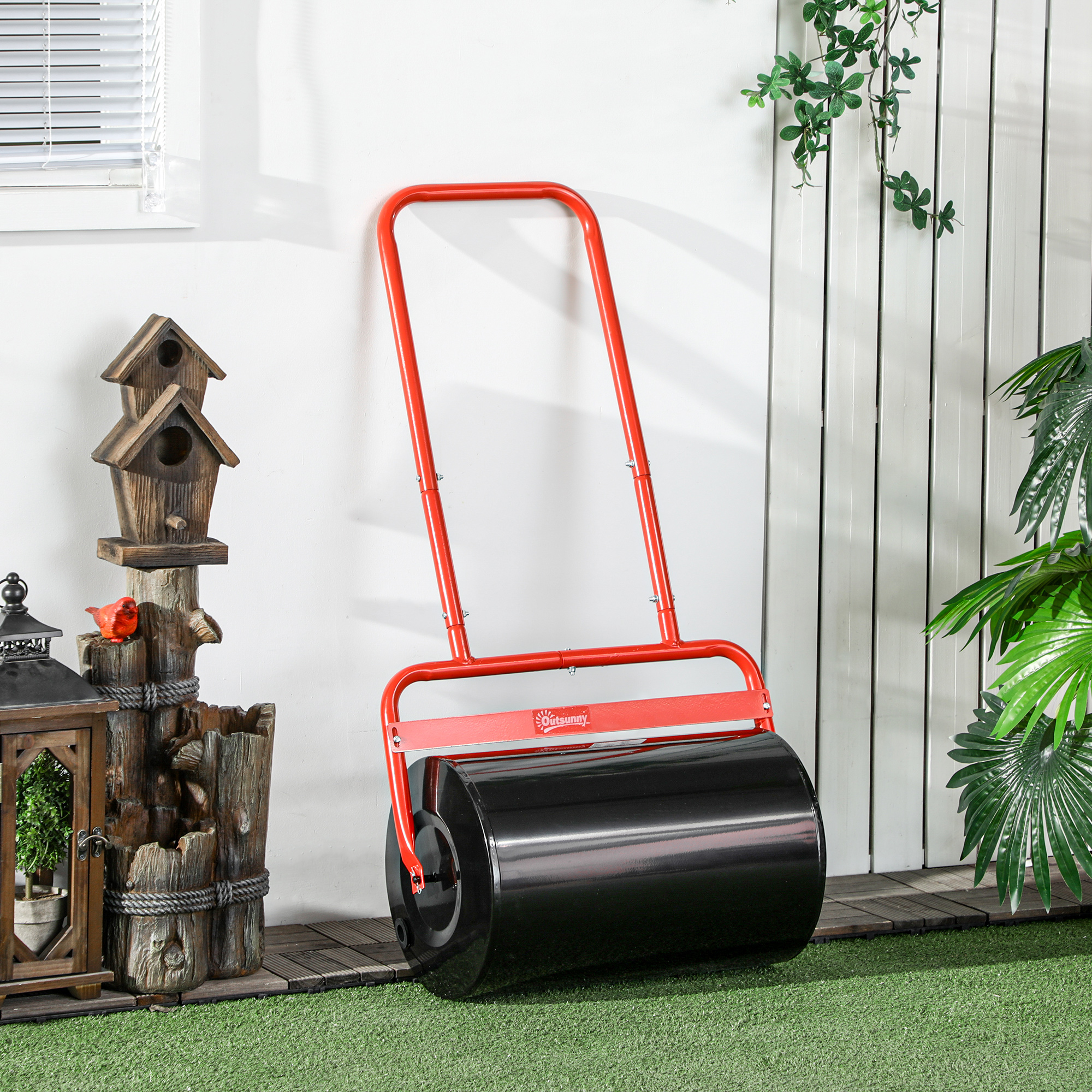 Outsunny Rasenwalze 50cm Breite, Gartenwalze befüllbar mit 38L Wasser/ 62 kg Sand, Handwalze mit U-förmigem Griff, Rasenroller aus Stahl, Ackerwalze, Rot Aosom – Bild 2 von 2