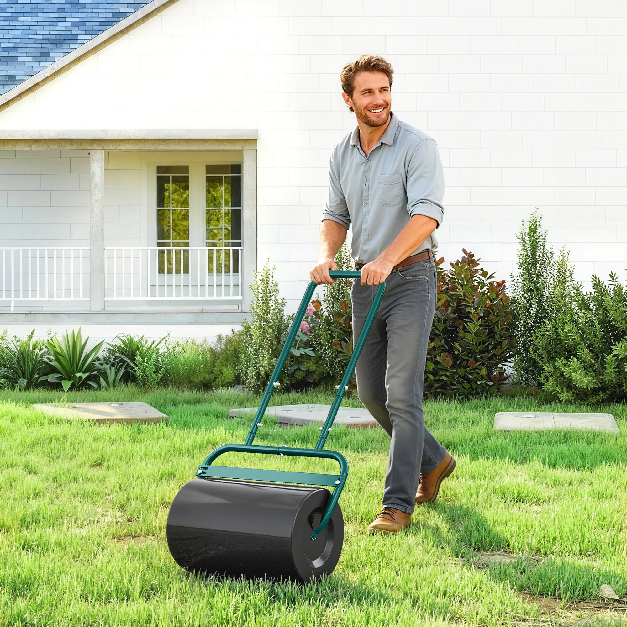 Outsunny Rasenwalze Gartenwalze befüllbar mit Wasser oder Sand, 50cm Breite Handwalze mit U-Griff, 38 Liter Füllvolumen, Rasenroller aus Stahl, Ackerwalze für G – Bild 2 von 2
