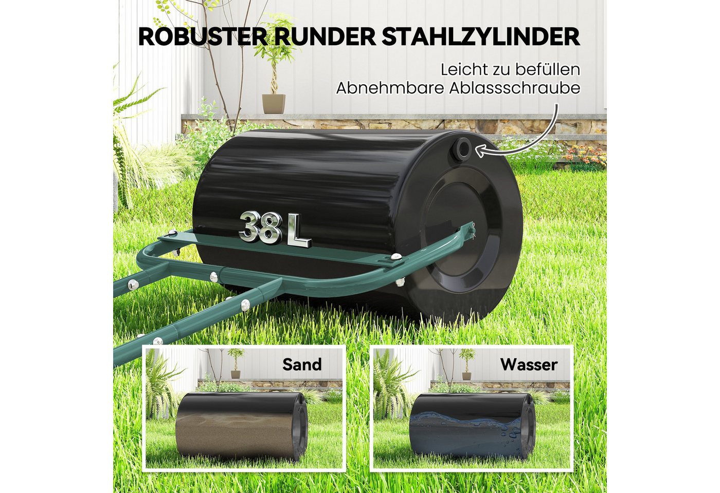 Outsunny Rasenwalze Gartenwalze, Gartenrolle, 50cm Durchmesser, stahl, dunkelgrün, 50 cm, Handwalze, 2-tlg., Gartenwalze,für Garten Rasen, Dunkelgrün – Bild 4 von 5