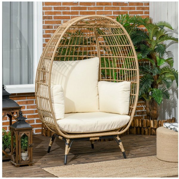 Outsunny Rattanstuhl Rattansessel in Korbform, Erhöhter Gartensessel, Balkon, Terrasse (Rattansessel, 1 St), Metall, Khaki, 105 x 90 x 148 cm