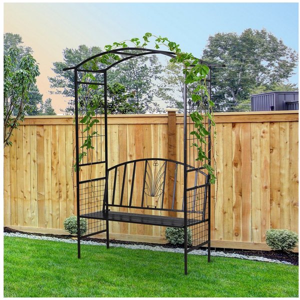 Outsunny Rosenbogen Torbogen Rankgitter Rankhilfe Garten Bogendach Sitzbank, 1 St., Pflanzbogen mit Bank, Metall Schwarz 154 x 60 x 205 cm