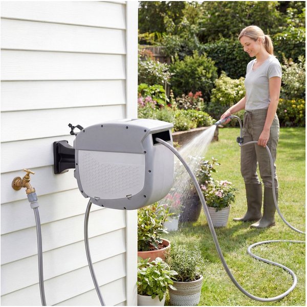 Outsunny Schlauchtrommel Gartenschlauch 20 m, 180° schwenkbar Wasserschlauchaufroller, (Schlauchaufroller, 1-tlg., Schlauchbox), Grau