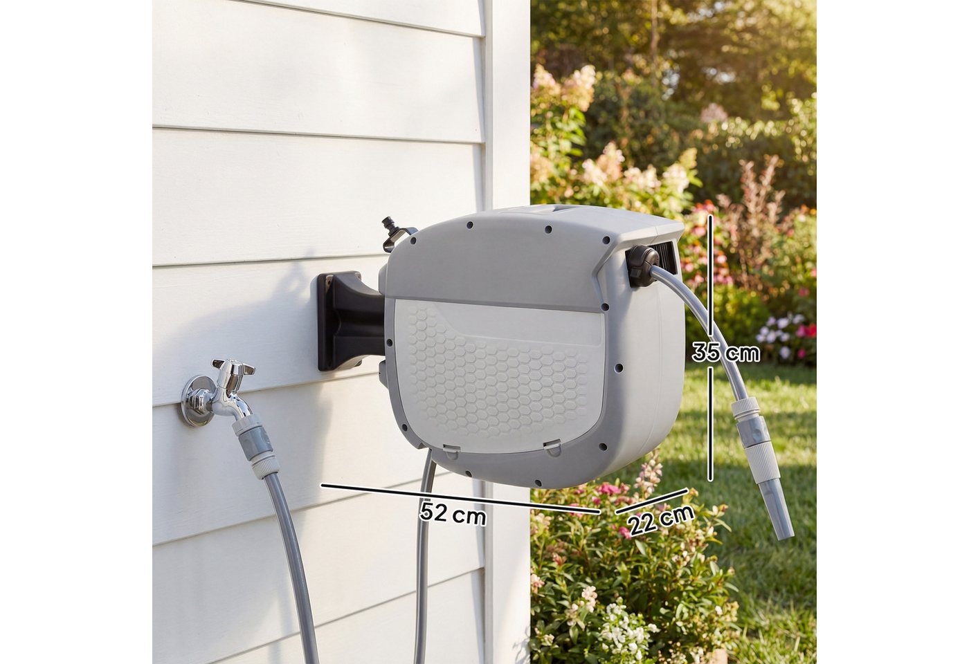 Outsunny Schlauchtrommel Gartenschlauch 20 m, 180° schwenkbar Wasserschlauchaufroller, (Schlauchaufroller, 1-tlg., Schlauchbox), Grau – Bild 3 von 5