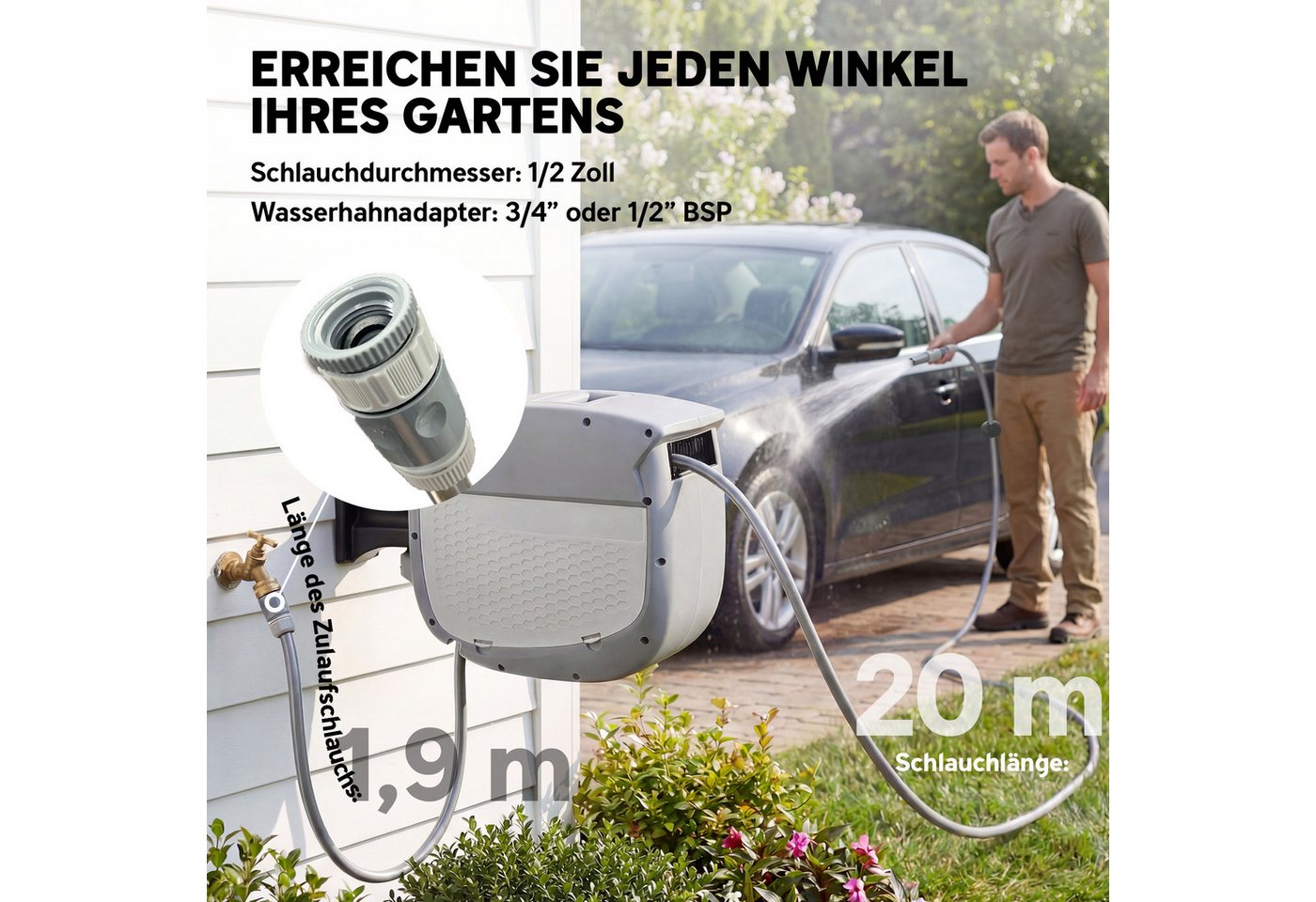Outsunny Schlauchtrommel Gartenschlauch 20 m, 180° schwenkbar Wasserschlauchaufroller, (Schlauchaufroller, 1-tlg., Schlauchbox), Grau – Bild 4 von 5