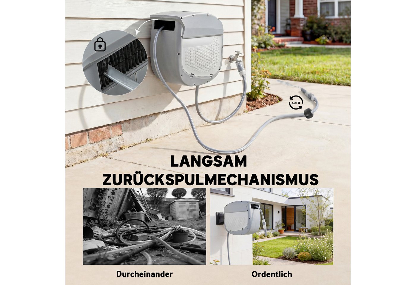 Outsunny Schlauchtrommel Gartenschlauch 20 m, 180° schwenkbar Wasserschlauchaufroller, (Schlauchaufroller, 1-tlg., Schlauchbox), Grau – Bild 5 von 5