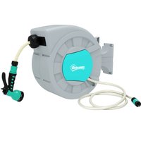 Outsunny Schlauchtrommel mit Gartenschlauch 25m, 180° schwenkbar Schlauchbox, Schlauchaufroller zur Wandmontage, Wasserschlauchaufroller mit automatische Aufrol