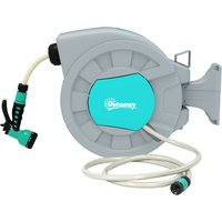 Outsunny Schlauchtrommel mit Gartenschlauch 30m, 180° schwenkbar Schlauchbox, Schlauchaufroller zur Wandmontage, Wasserschlauchaufroller mit automatische Aufrol