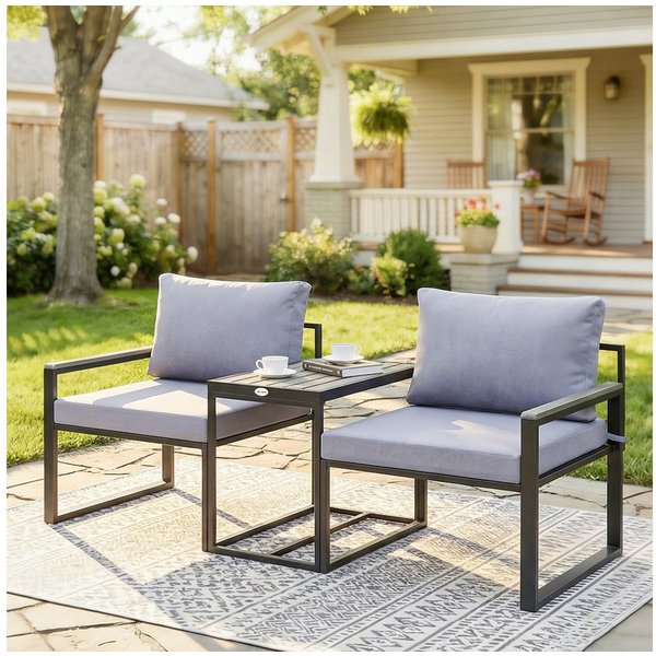 Outsunny Sitzgruppe 2 Sessel mit Tisch, abnehmbare Polster, atmungsaktiv, Gartenmöbel, (Garten Bistro Set, 3-tlg., Balkonmöbel Set), für Garten Terrasse Grau