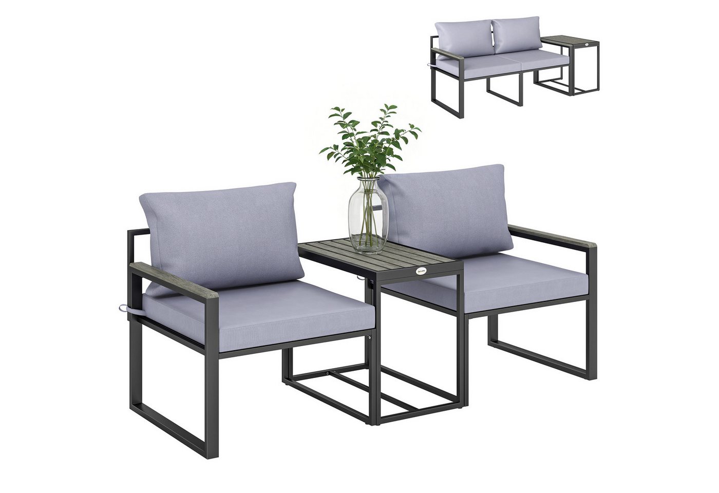 Outsunny Sitzgruppe 2 Sessel mit Tisch, abnehmbare Polster, atmungsaktiv, Gartenmöbel, (Garten Bistro Set, 3-tlg., Balkonmöbel Set), für Garten Terrasse Grau – Bild 2 von 5