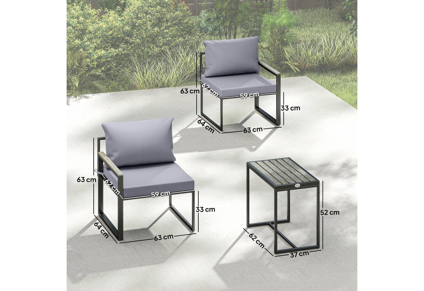 Outsunny Sitzgruppe 2 Sessel mit Tisch, abnehmbare Polster, atmungsaktiv, Gartenmöbel, (Garten Bistro Set, 3-tlg., Balkonmöbel Set), für Garten Terrasse Grau – Bild 3 von 5