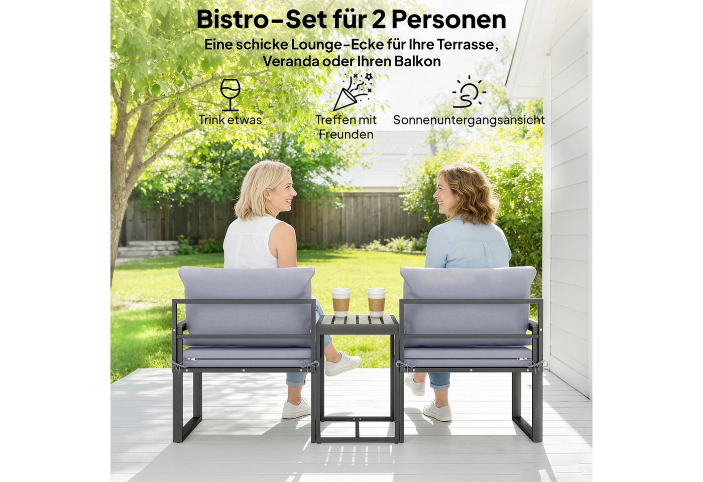 Outsunny Sitzgruppe 2 Sessel mit Tisch, abnehmbare Polster, atmungsaktiv, Gartenmöbel, (Garten Bistro Set, 3-tlg., Balkonmöbel Set), für Garten Terrasse Grau – Bild 4 von 5