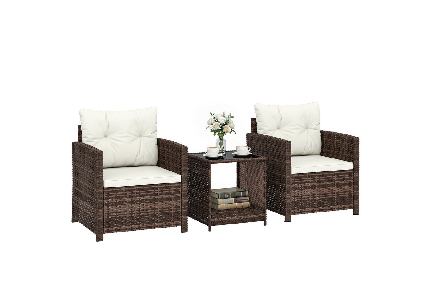 Outsunny Sitzgruppe Balkonmöbel-Set mit 2 Sessel, 2-Ebene Glastisch, Gartengarnitur, (Gartenmöbel-Set, 3-tlg., Rattan Bistroset), für Garten, Terrasse, Cremewei – Bild 2 von 5