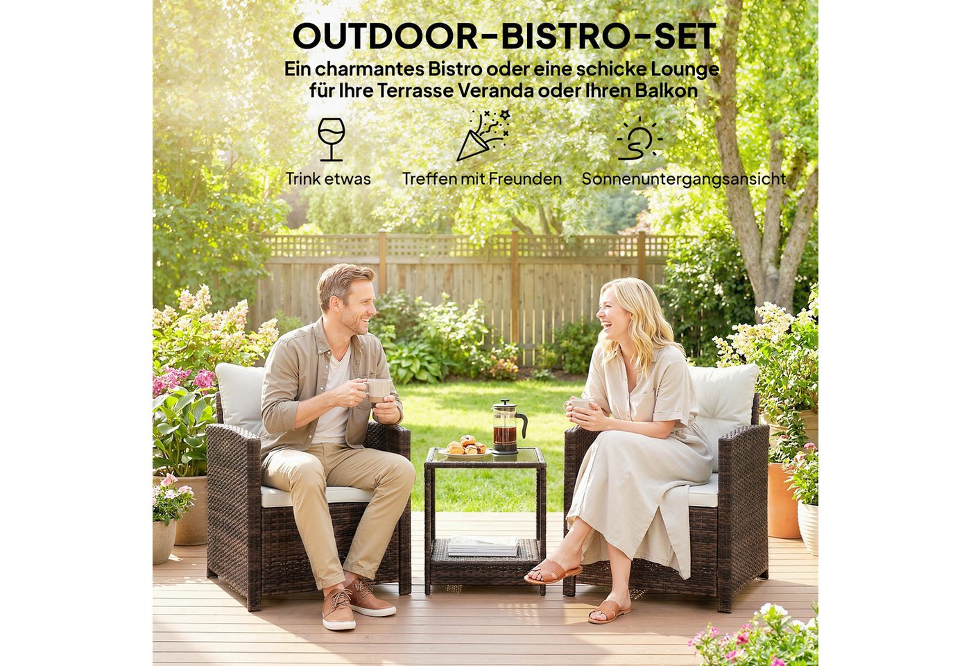 Outsunny Sitzgruppe Balkonmöbel-Set mit 2 Sessel, 2-Ebene Glastisch, Gartengarnitur, (Gartenmöbel-Set, 3-tlg., Rattan Bistroset), für Garten, Terrasse, Cremewei – Bild 4 von 5