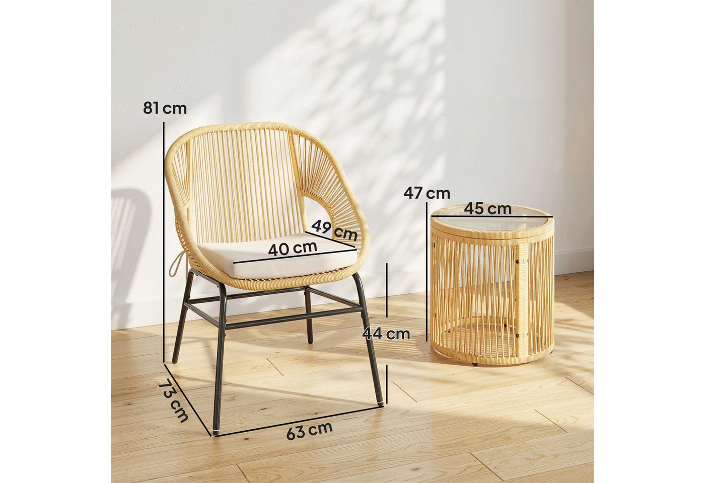 Outsunny Sitzgruppe Balkonmöbel-Set mit Gartenstühlen, waschbaren Kissen, Ergonomisch, (Gartenmöbel-Set, 3-tlg., Rattan Bistroset), für Garten, Terrasse, Beige – Bild 3 von 5