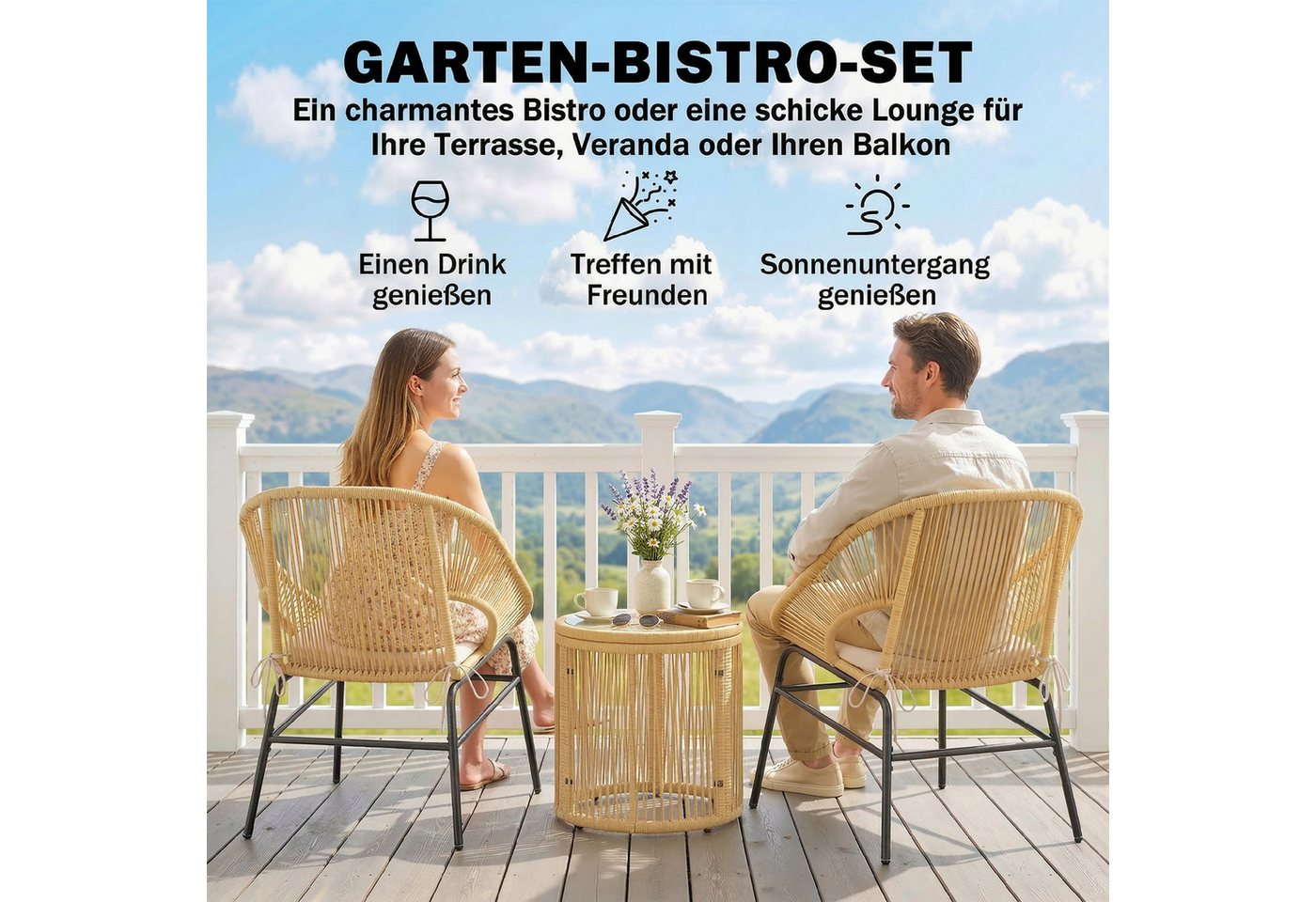 Outsunny Sitzgruppe Balkonmöbel-Set mit Gartenstühlen, waschbaren Kissen, Ergonomisch, (Gartenmöbel-Set, 3-tlg., Rattan Bistroset), für Garten, Terrasse, Beige – Bild 4 von 5