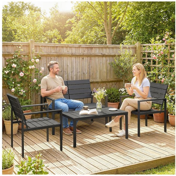 Outsunny Sitzgruppe Gartenmöbel HDPE Gartenlounge mit Lamellendesign, (Set, 4-tlg., 1 Tisch, 2 Sessel, 1 Zweisitzer), für Garten Balkon Schwarz
