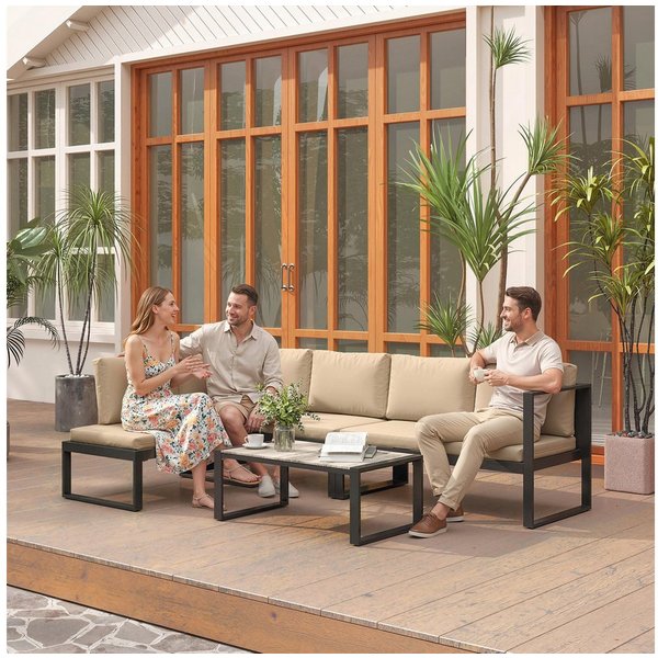 Outsunny Sitzgruppe Gartenmöbel wetterfest Balkonmöbel mit Couchtisch Khaki, (Set, 4-tlg., Sofa-Set), Modulares 4-teiliges Gartenlounge-Set
