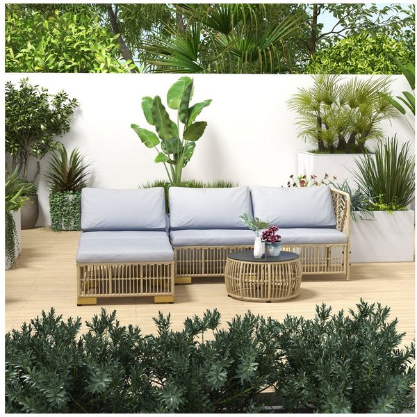 Outsunny Sitzgruppe Rattan Balkonmöbel Set, mit Kissen, Gartengarnitur, Stahl, (Sitzgarnitur, 5-tlg., Gartenmöbel-Set), Polyester 73L x 73B x 73H cm